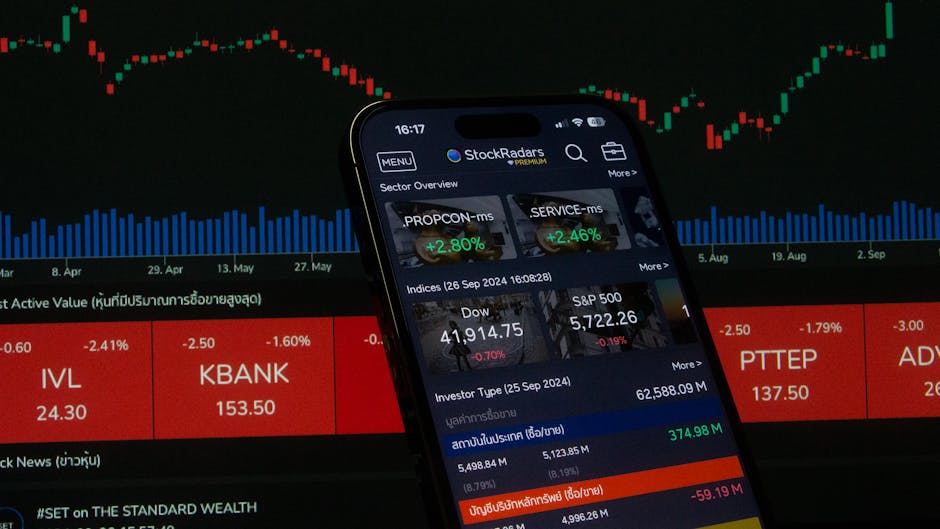 Close-up of a digital stock trading app interface with investment charts and market trends displayed