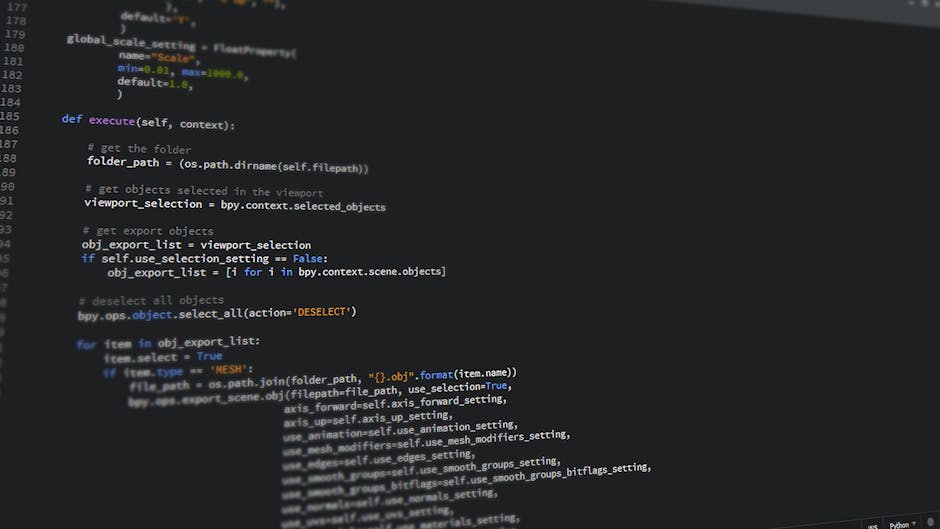 Close-up view of Python code on a computer screen, reflecting software development and programming.